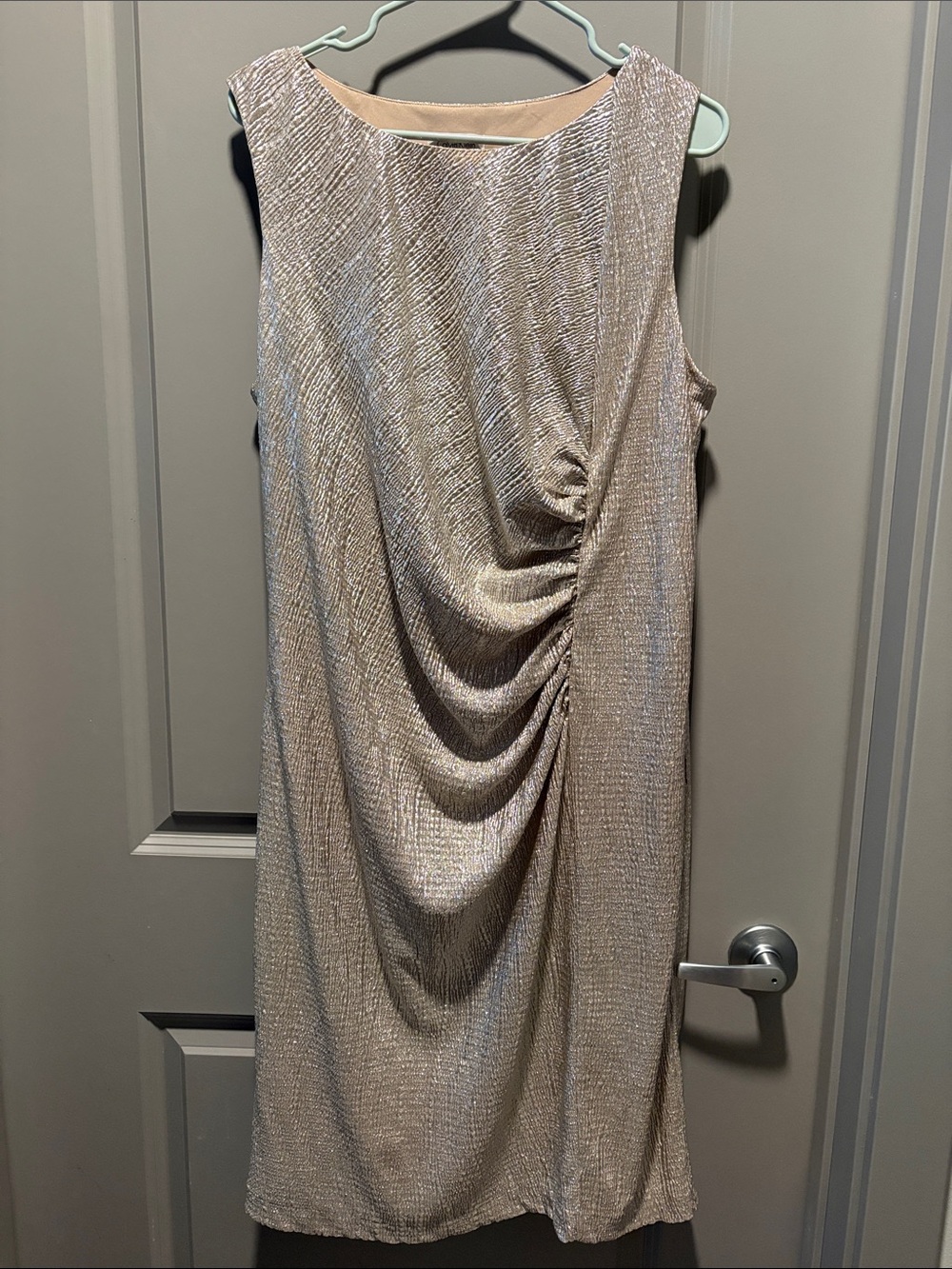 Calvin Klein Champagne Metallic Ruched Midi Dress Sleeveless Cocktail Party 14W